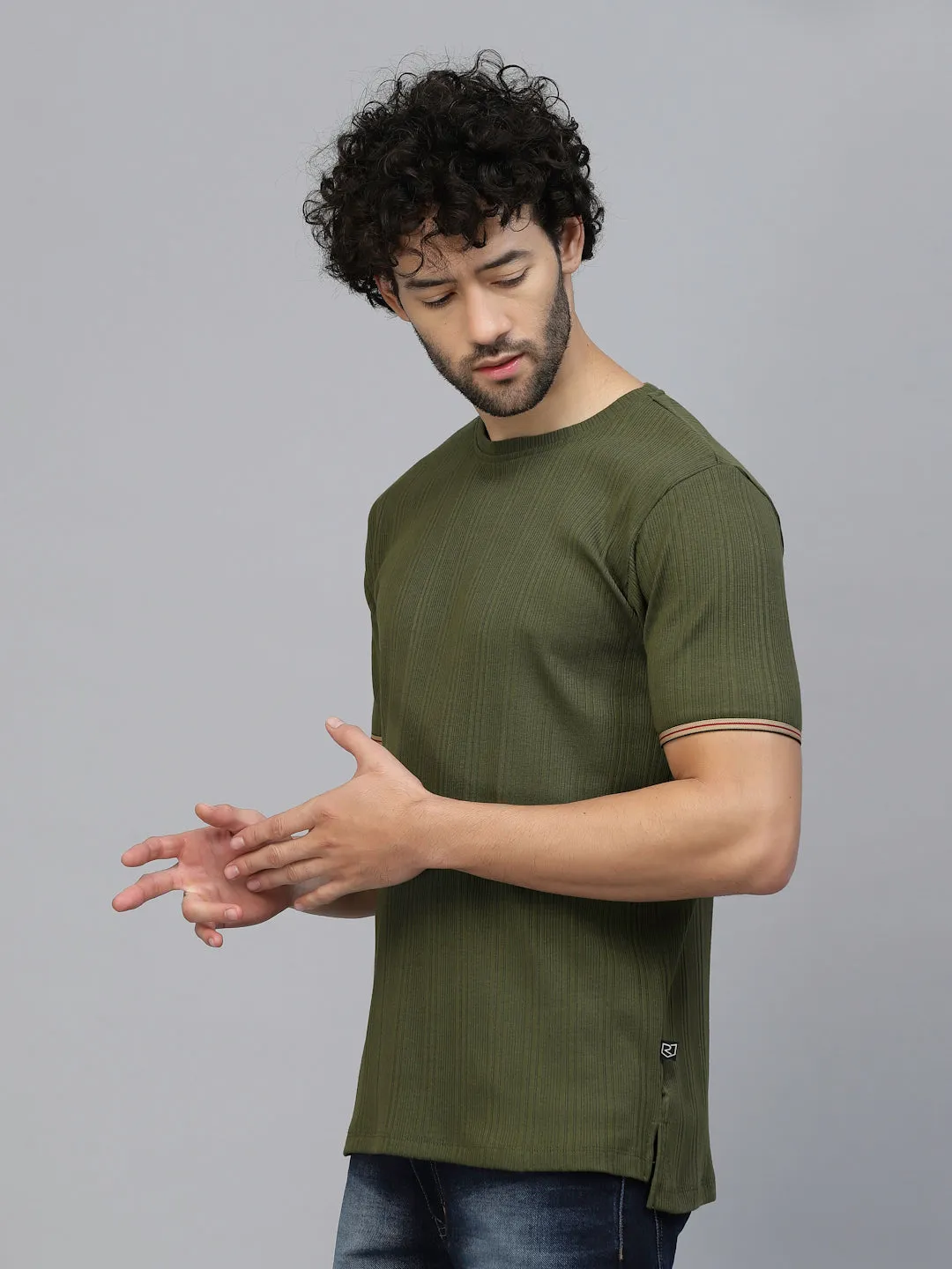 Solid Self Textured Half Sleeves Rib Knit T-Shirt