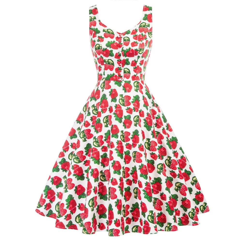 Vintage Fans Look of Strawberry Printed Vintage Sleeveless V-Neck Flared A-Line Cotton Dress